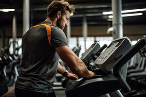 Side view of a handsome young man exercising on a treadmill in a gym, Man working on fitness machine at the gym, top section cropped, AI Generated photo