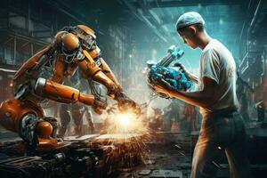 Mechanized industry robot working with human worker in factory. Mixed media, Mechanized industry robot arm and factory worker working together. Mixed media, AI Generated photo