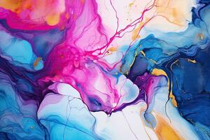 Abstract background of acrylic paint in blue, pink and yellow colors, Marble ink paint abstract. Close Up image, AI Generated photo