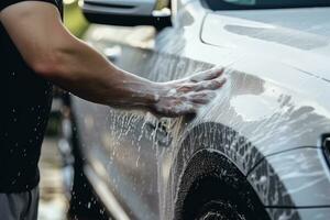 de cerca de masculino manos Lavado un coche en el coche lavar, manual coche lavar con blanco jabón, y espuma en el cuerpo. Lavado coche utilizando alto presión agua, ai generado foto