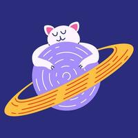 Cute cat on another planet. Vector illustration of a cat character hugging the planet Saturn in space.