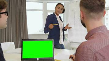 Woman provide the presentation of project to her male colleagues video