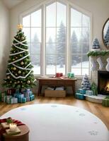 Beautiful Christmas tree in decorated living room. Festive interior by ai generated photo