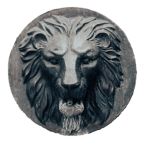 European figure relief metal bronze lion head isolated PNG photo with transparent background.