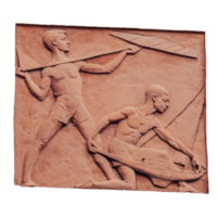 Stone bas relief with kids isolated PNG photo with transparent background.