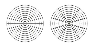 Wheel of life templates. Simple coaching tools for visualizing all areas of life. Set polar grids. Blank polar graph paper collection. Circle diagrams of life style balance. vector