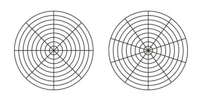 rueda de vida plantillas. sencillo entrenamiento herramientas para visualizante todas areas de vida. conjunto polar rejillas blanco polar grafico papel recopilación. circulo diagramas de vida estilo balance. vector