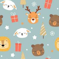 Seamless pattern with cute animals, gifts, snowflakes. Festive winter print. Vector graphics.