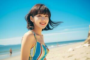 Beautiful young asian girl wearing summer dress in sunny day AI Generative photo