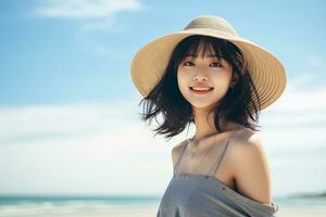 Beautiful young asian girl wearing summer dress in sunny day AI Generative photo