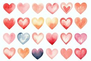 Ai generated set of watercolor hearts in the same style in a delicate red and pink palette for Valentine's Day. photo