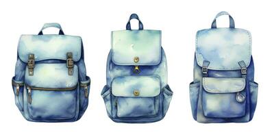 Ai generated set of watercolor illustrations of blue backpacks for study, isolated on white, back to school. photo