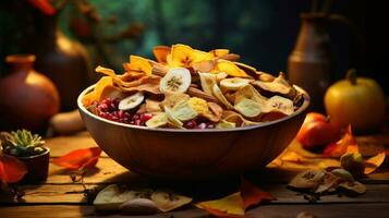 Mixed dried fruit and vegetable chips in a round ceramic plate, healthy eating photo