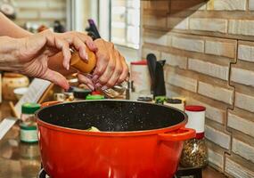 The chef is peppering pan of meat o gas stove photo