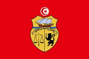 The official current flag and coat of arms of Tunisian Republic. State flag of Tunisia. Illustration. photo