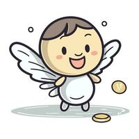 Cute little angel flying with coin. Vector cartoon character illustration.