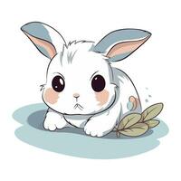 Cute white rabbit sitting on the ground. Vector illustration on white background.