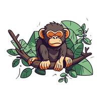 Chimpanzee monkey sitting on a branch. Vector illustration.