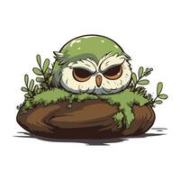 Owl sitting on a rock in the moss. Vector illustration.