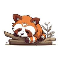 Cute red panda lying on a log. Vector illustration.