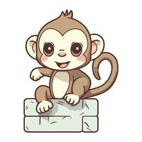 Cute little monkey sitting on brick wall cartoon vector illustration graphic design