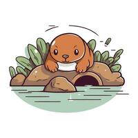Cute little hamster sitting on a rock in the river. Vector illustration.