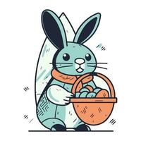 Easter bunny with basket of eggs. Vector illustration in line art style.