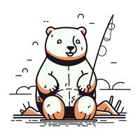 Cute polar bear sitting on the beach with fishing rod. Vector illustration.