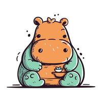 Cute hippopotamus sitting and drinking coffee. Vector illustration.