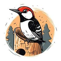 Woodpecker on a tree stump. Hand drawn vector illustration.