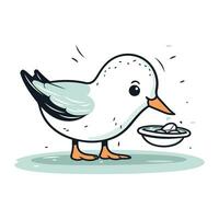 Vector illustration of cute cartoon seagull with bowl of food.