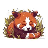 rojo panda dormido en el césped. linda dibujos animados vector ilustración.