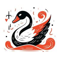 Swan with heart. Hand drawn vector illustration in doodle style.