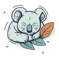 Cute kawaii koala with leaves. Vector illustration.