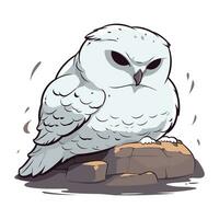 Snowy owl sitting on a rock and looking at the camera. vector