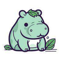 Cute hippopotamus with green leaves isolated on white background. Vector illustration.