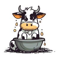 Cute cartoon cow in a bowl of milk. Vector illustration.