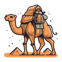 Camel with backpack and pyramids. Vector illustration in cartoon style.