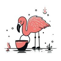 Flamingo drinking tea. Vector illustration in flat line style.