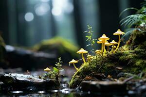 un grupo de amarillo hongos brillante en el del sol rayos en musgo en contra un borroso bosque antecedentes. generado por artificial inteligencia foto