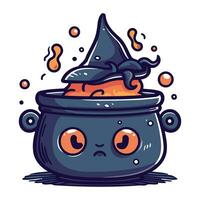 Cute cartoon Halloween witch cauldron with potion. Vector illustration.