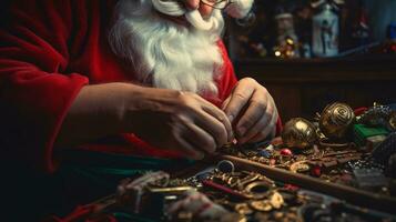 ai generativo cerca arriba de blanco Papa Noel trabajando en su tienda en juguetes foto