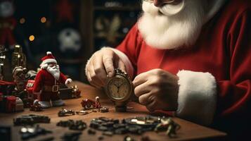 ai generativo cerca arriba de blanco Papa Noel trabajando en su tienda en juguetes foto