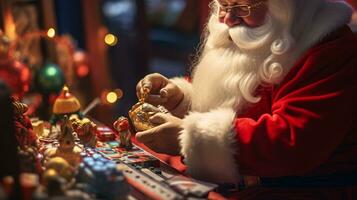 ai generativo cerca arriba de blanco Papa Noel trabajando en su tienda en juguetes foto