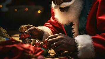 ai generativo cerca arriba de negro Papa Noel trabajando en su tienda en juguetes foto