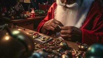 ai generativo cerca arriba de negro Papa Noel trabajando en su tienda en juguetes foto