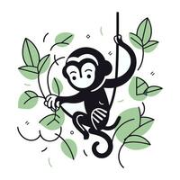 Cute cartoon monkey on a branch with leaves. Vector illustration.