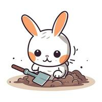 Cute rabbit with a shovel in the garden. Vector illustration.