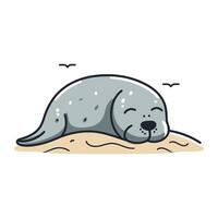Vector illustration of a cute seal sleeping on the sand in cartoon style.