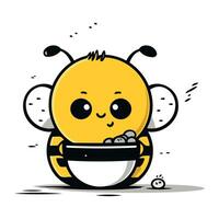 linda dibujos animados abeja con un cuenco de alimento. vector ilustración.